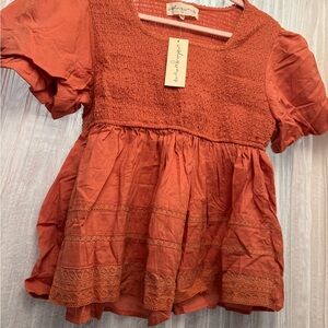 Orange Smocked Short Sleeve Babydoll Blouse